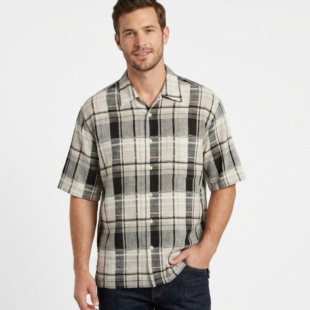 Bagazio Men's Linen Shirt XL Plaid Black & Cream Short Sleeve Button Up Front